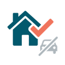House with checkmark and crossed-out car representing no commute needed