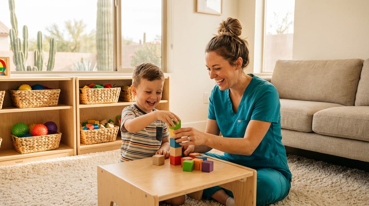 Occupational therapist and child building blocks together during an in-home pediatric therapy session