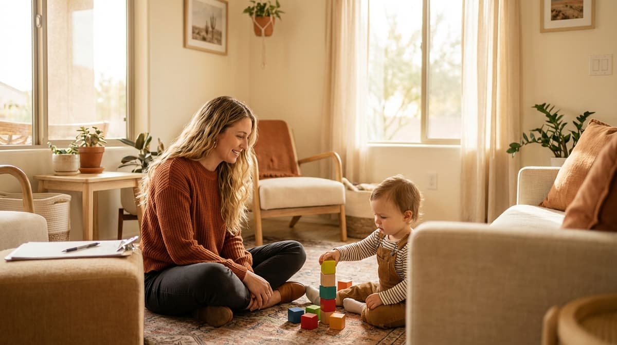 AVOLA occupational therapist conducting a developmental screening with a toddler in a Phoenix home